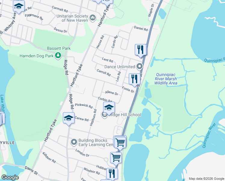 map of restaurants, bars, coffee shops, grocery stores, and more near 77 Foote Street in Hamden