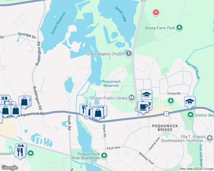 map of restaurants, bars, coffee shops, grocery stores, and more near 149 North Road in Groton