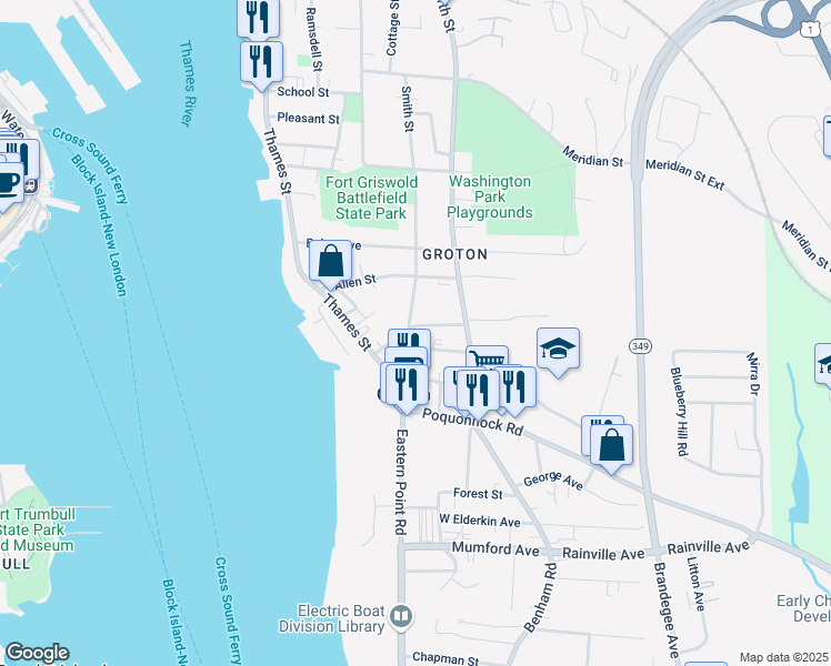 map of restaurants, bars, coffee shops, grocery stores, and more near 60 Ledyard Avenue in Groton