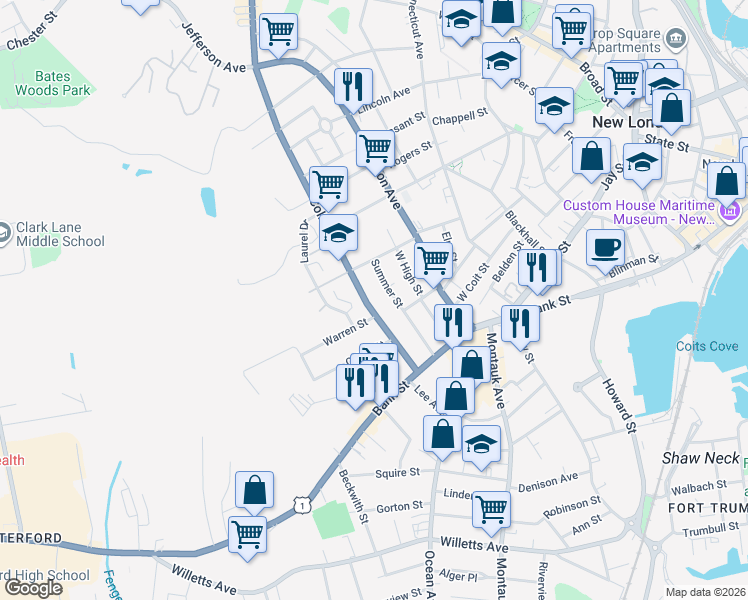 map of restaurants, bars, coffee shops, grocery stores, and more near 95 Colman Street in New London