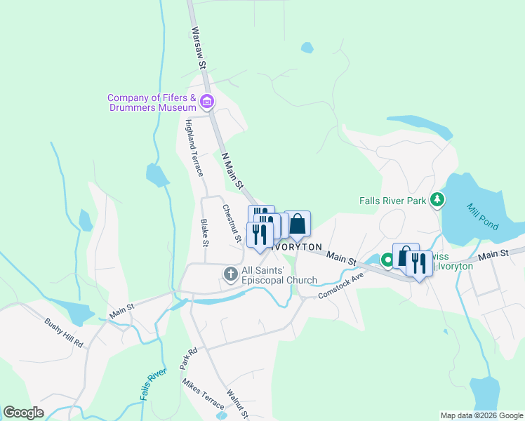 map of restaurants, bars, coffee shops, grocery stores, and more near 25 North Main Street in Essex