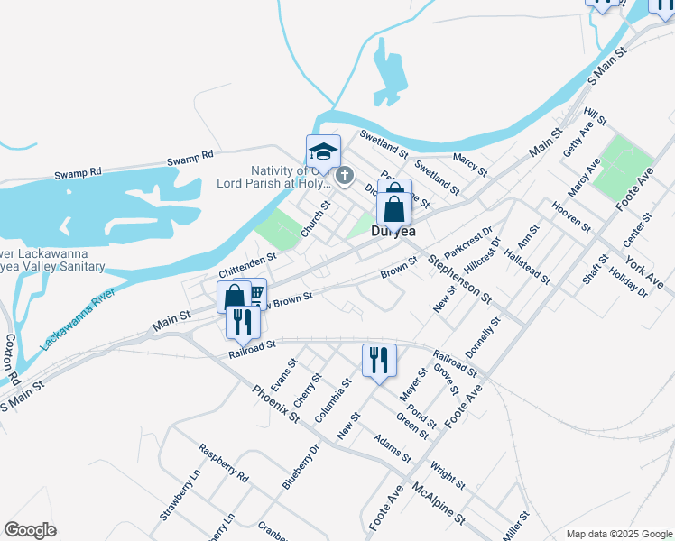 map of restaurants, bars, coffee shops, grocery stores, and more near 261 Main Street in Duryea