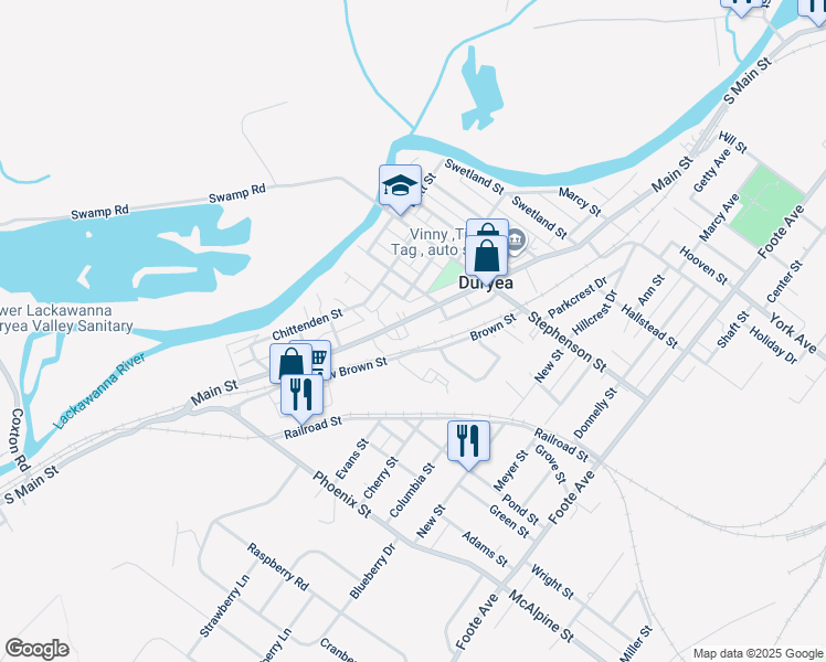map of restaurants, bars, coffee shops, grocery stores, and more near 261 Main Street in Duryea