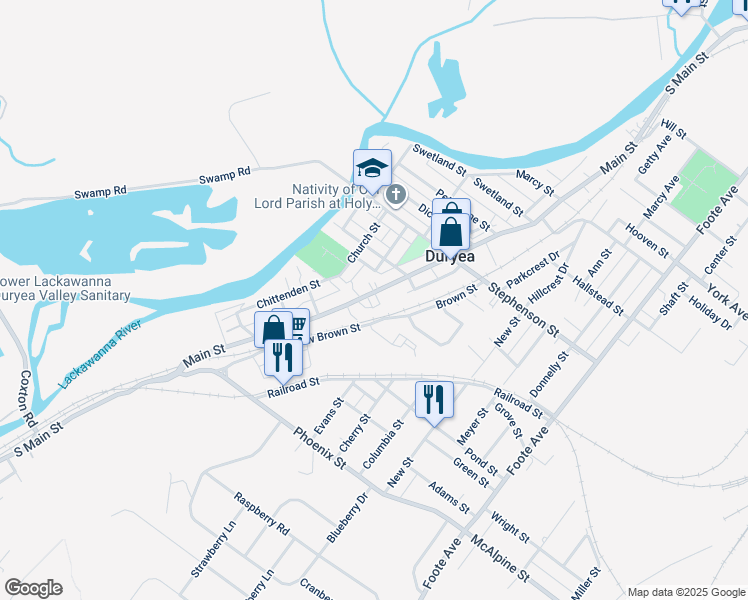 map of restaurants, bars, coffee shops, grocery stores, and more near 261 Main Street in Duryea