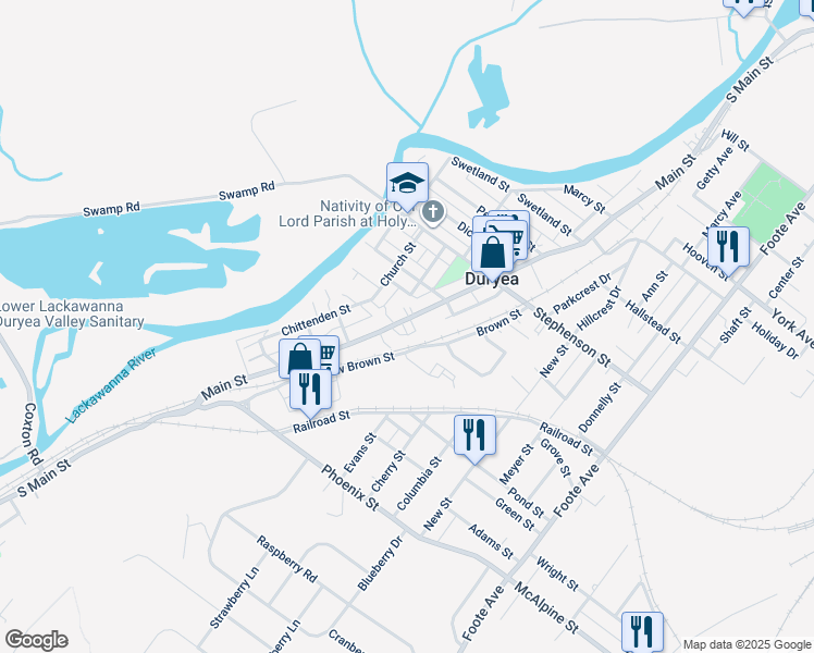 map of restaurants, bars, coffee shops, grocery stores, and more near 148 Short St in Duryea