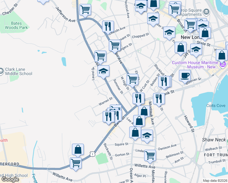 map of restaurants, bars, coffee shops, grocery stores, and more near 95 Colman Street in New London