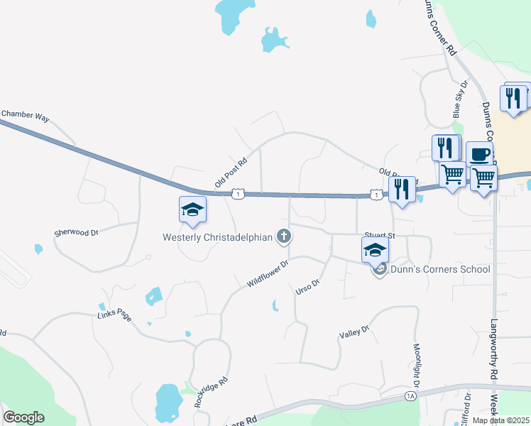 map of restaurants, bars, coffee shops, grocery stores, and more near 161 Post Road in Westerly