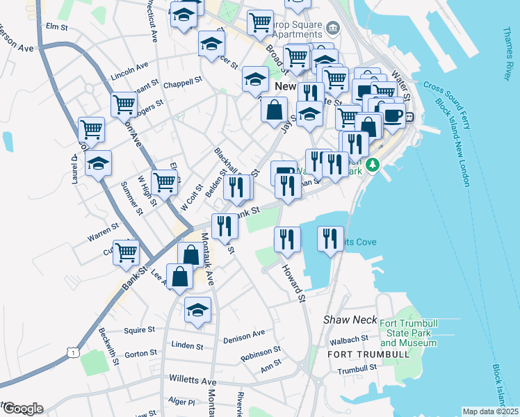 map of restaurants, bars, coffee shops, grocery stores, and more near 525 Bank Street in New London
