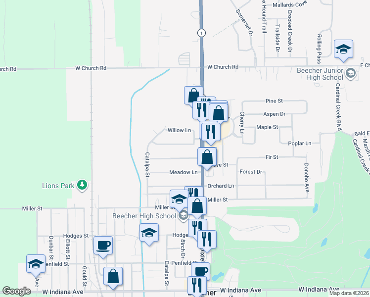 map of restaurants, bars, coffee shops, grocery stores, and more near 513 Chestnut Lane in Beecher