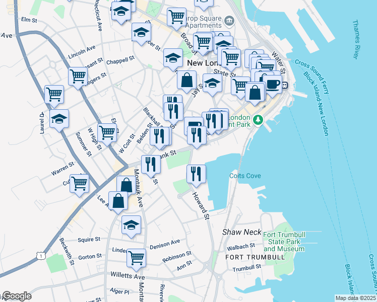map of restaurants, bars, coffee shops, grocery stores, and more near 525 Bank Street in New London