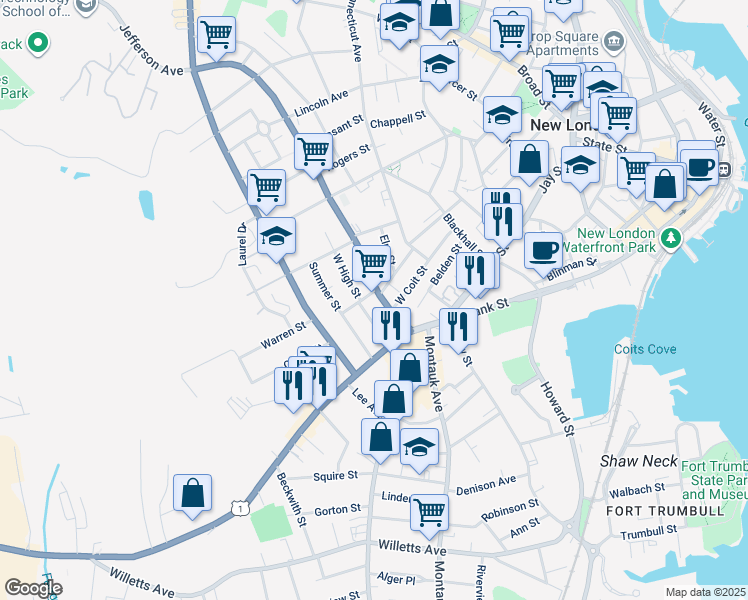 map of restaurants, bars, coffee shops, grocery stores, and more near 51 Jefferson Avenue in New London