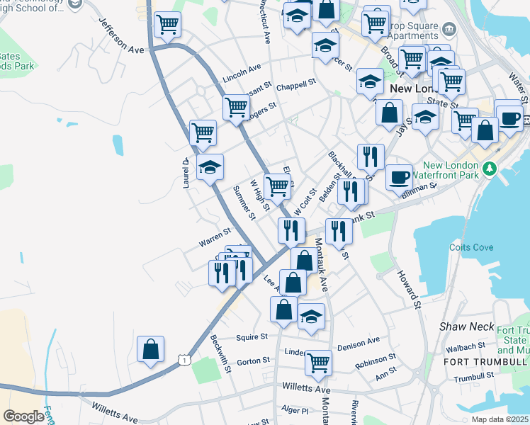 map of restaurants, bars, coffee shops, grocery stores, and more near 18 West High Street in New London