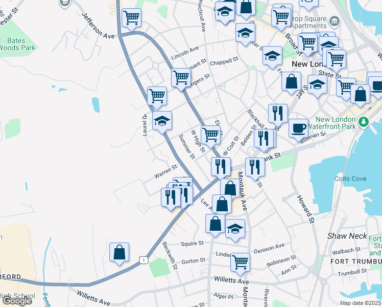 map of restaurants, bars, coffee shops, grocery stores, and more near 18 West High Street in New London