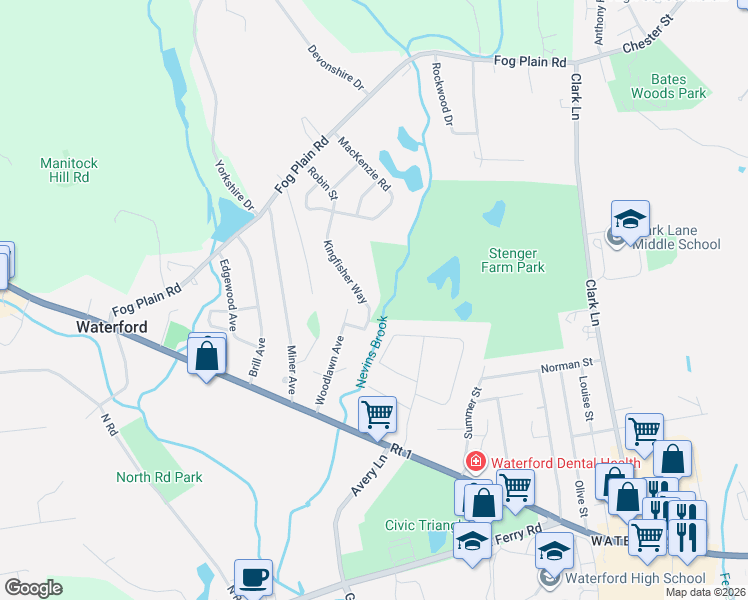 map of restaurants, bars, coffee shops, grocery stores, and more near 23 Kingfisher Way in Waterford
