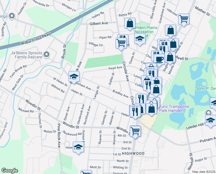 map of restaurants, bars, coffee shops, grocery stores, and more near 123 Bradley Avenue in Hamden