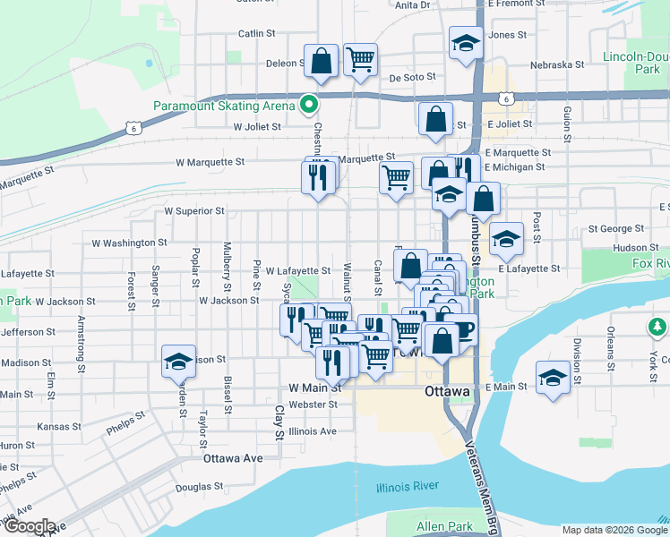 map of restaurants, bars, coffee shops, grocery stores, and more near 1013 Walnut Street in Ottawa