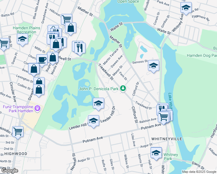 map of restaurants, bars, coffee shops, grocery stores, and more near 210 Treadwell Street in Hamden
