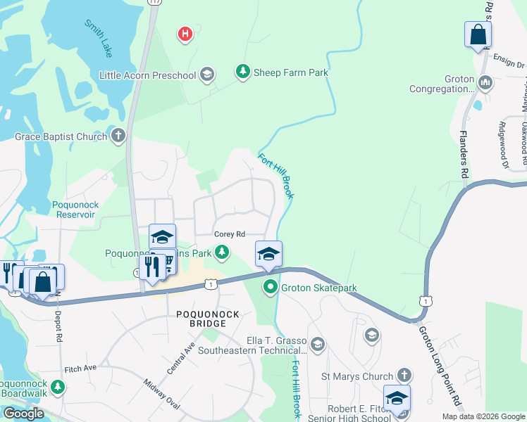 map of restaurants, bars, coffee shops, grocery stores, and more near 119 Ring Drive in Groton