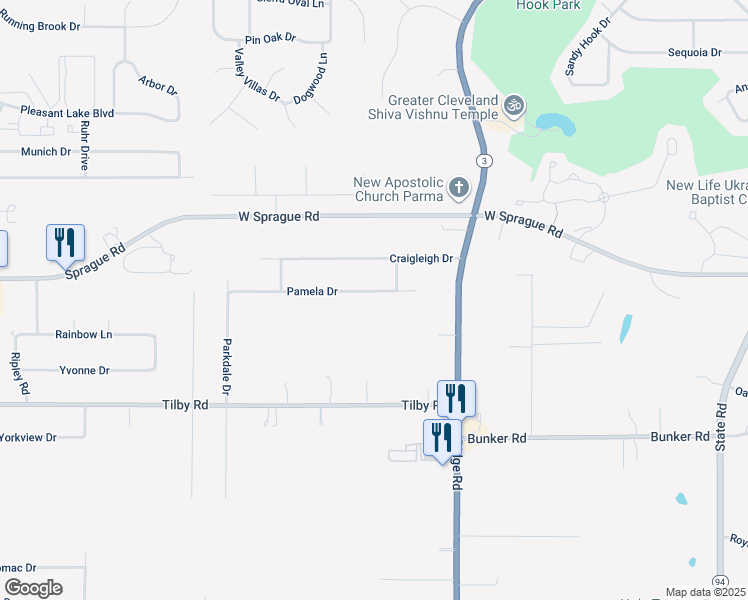 map of restaurants, bars, coffee shops, grocery stores, and more near 7431 Pamela Drive in North Royalton
