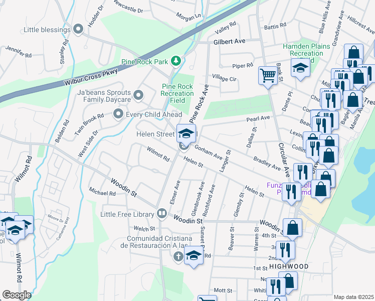 map of restaurants, bars, coffee shops, grocery stores, and more near 285 Helen Street in Hamden
