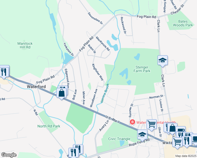 map of restaurants, bars, coffee shops, grocery stores, and more near 19 Kingfisher Way in Waterford