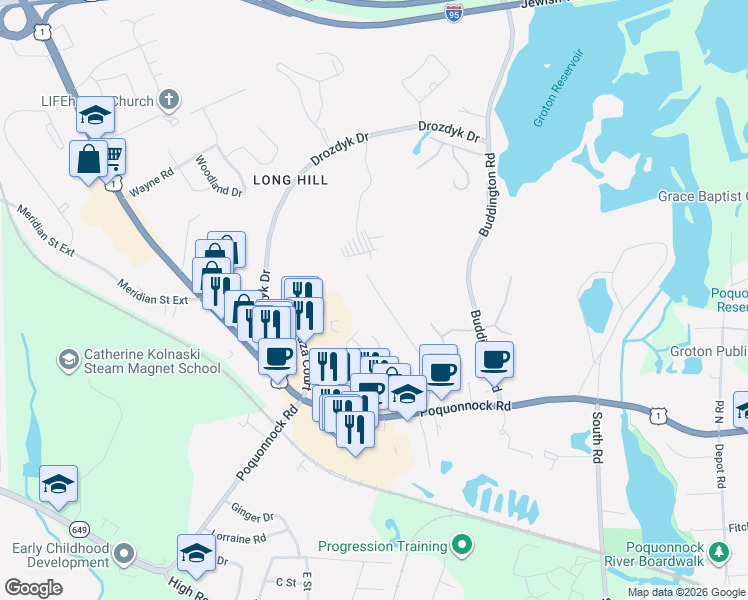 map of restaurants, bars, coffee shops, grocery stores, and more near 145 Laurelwood Road in Groton