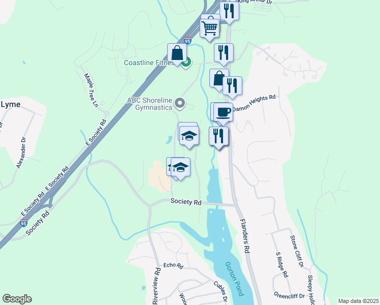 map of restaurants, bars, coffee shops, grocery stores, and more near 31 Society Road in East Lyme