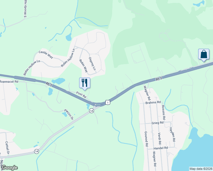 map of restaurants, bars, coffee shops, grocery stores, and more near 29 Robin Way in Westerly