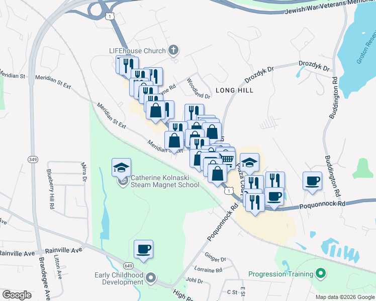 map of restaurants, bars, coffee shops, grocery stores, and more near 625 Long Hill Rd in Groton