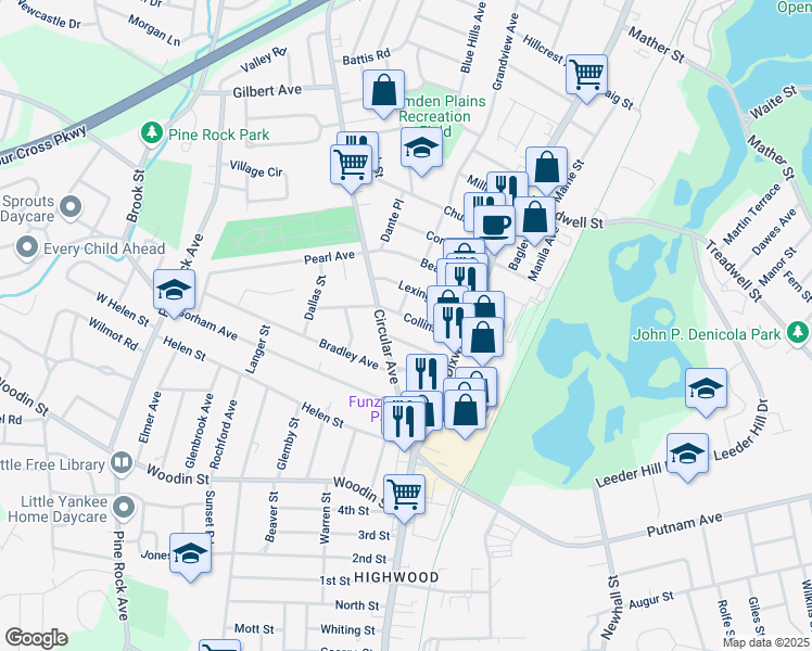 map of restaurants, bars, coffee shops, grocery stores, and more near 67 Collins Street in Hamden
