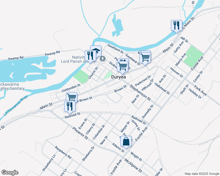map of restaurants, bars, coffee shops, grocery stores, and more near 301-399 Lincoln Street in Duryea