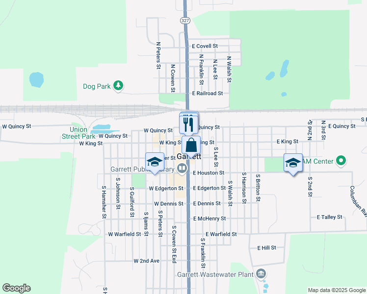 map of restaurants, bars, coffee shops, grocery stores, and more near 101 North Randolph Street in Garrett