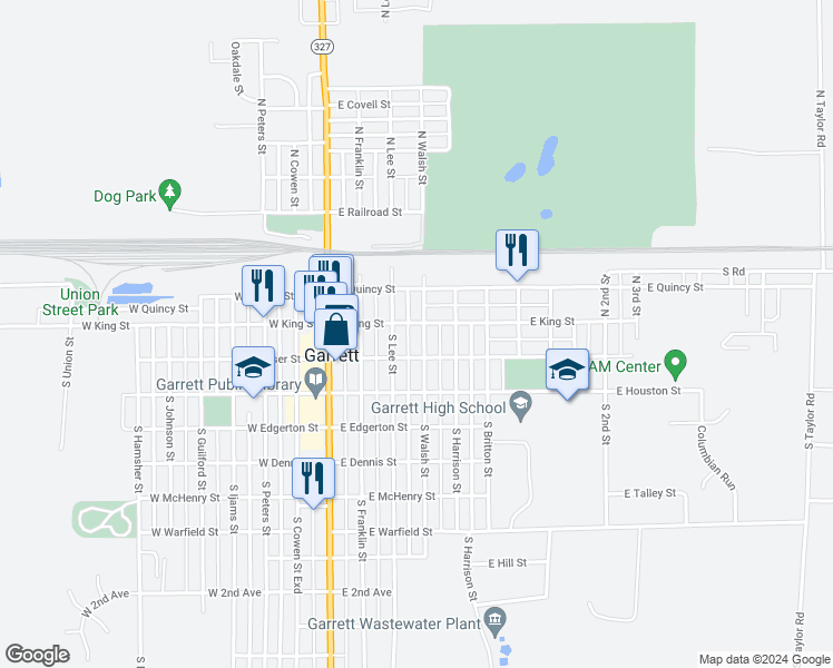 map of restaurants, bars, coffee shops, grocery stores, and more near 106 South Walsh Street in Garrett