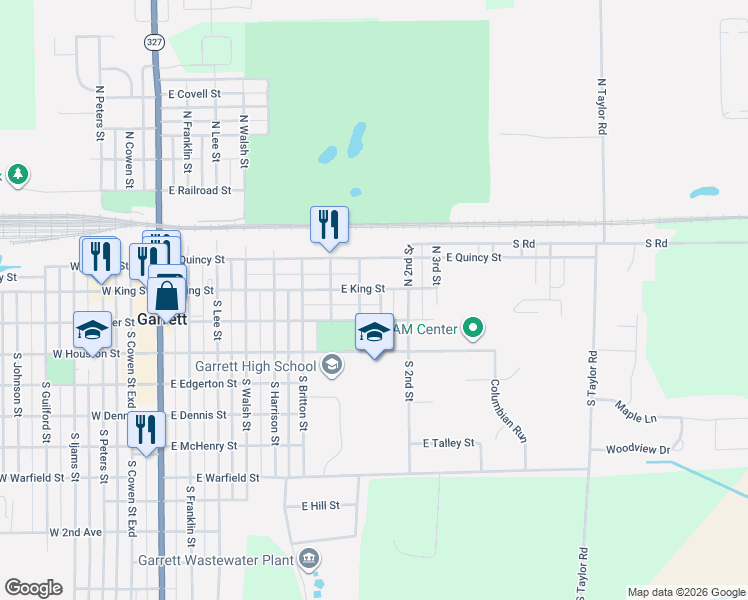 map of restaurants, bars, coffee shops, grocery stores, and more near East King Street in Garrett