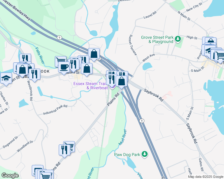 map of restaurants, bars, coffee shops, grocery stores, and more near 1 Railroad Avenue in Essex