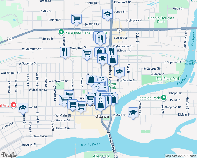 map of restaurants, bars, coffee shops, grocery stores, and more near 216 West Lafayette Street in Ottawa