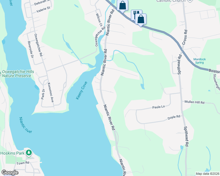 map of restaurants, bars, coffee shops, grocery stores, and more near 219 Niantic River Road in Waterford