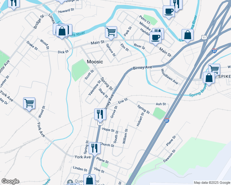 map of restaurants, bars, coffee shops, grocery stores, and more near 705 Spring Street in Moosic