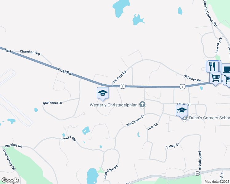 map of restaurants, bars, coffee shops, grocery stores, and more near 143 Post Road in Westerly