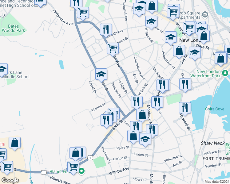 map of restaurants, bars, coffee shops, grocery stores, and more near 95 Colman Street in New London