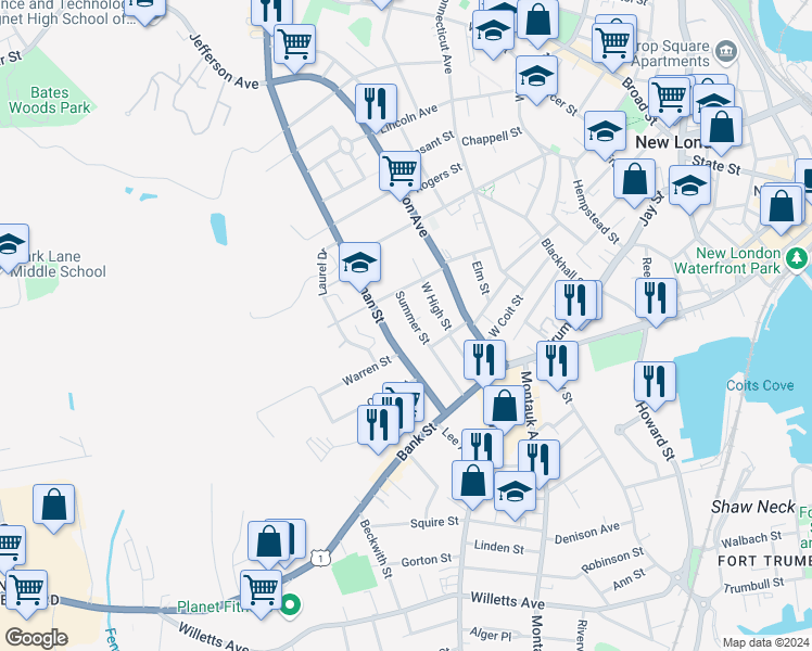 map of restaurants, bars, coffee shops, grocery stores, and more near 95 Colman Street in New London