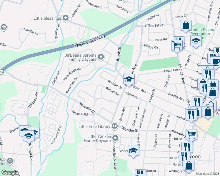 map of restaurants, bars, coffee shops, grocery stores, and more near 148 Wilmot Road in Hamden