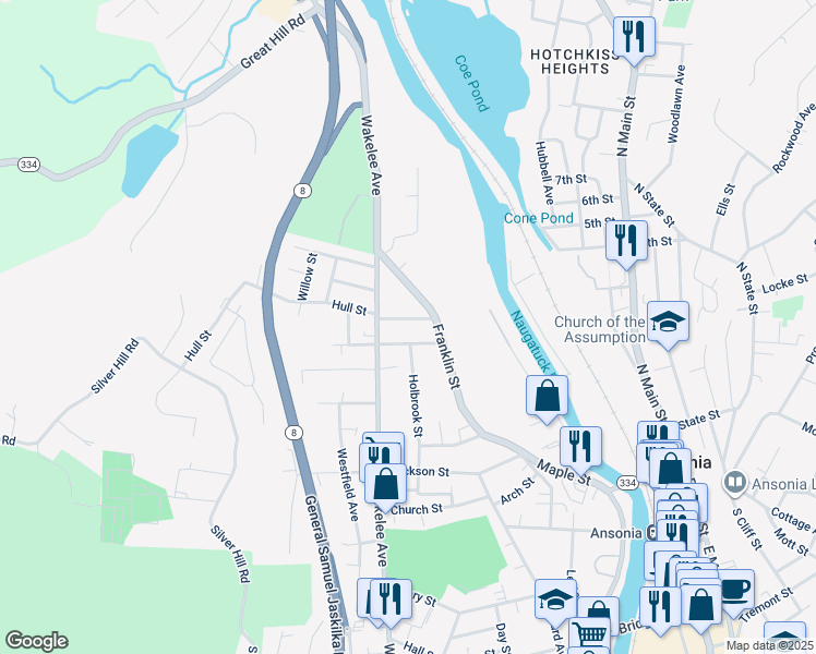 map of restaurants, bars, coffee shops, grocery stores, and more near 8 Riggs Street in Ansonia