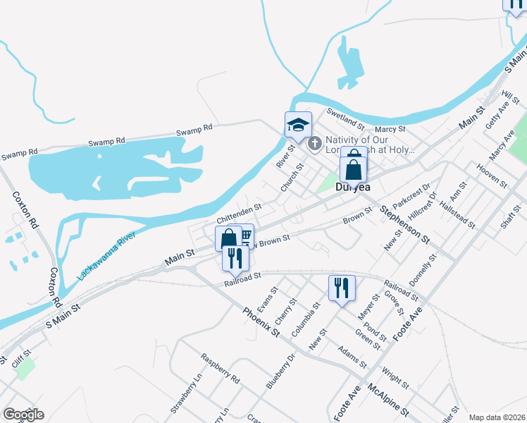 map of restaurants, bars, coffee shops, grocery stores, and more near 123-181 Chittenden Street in Duryea