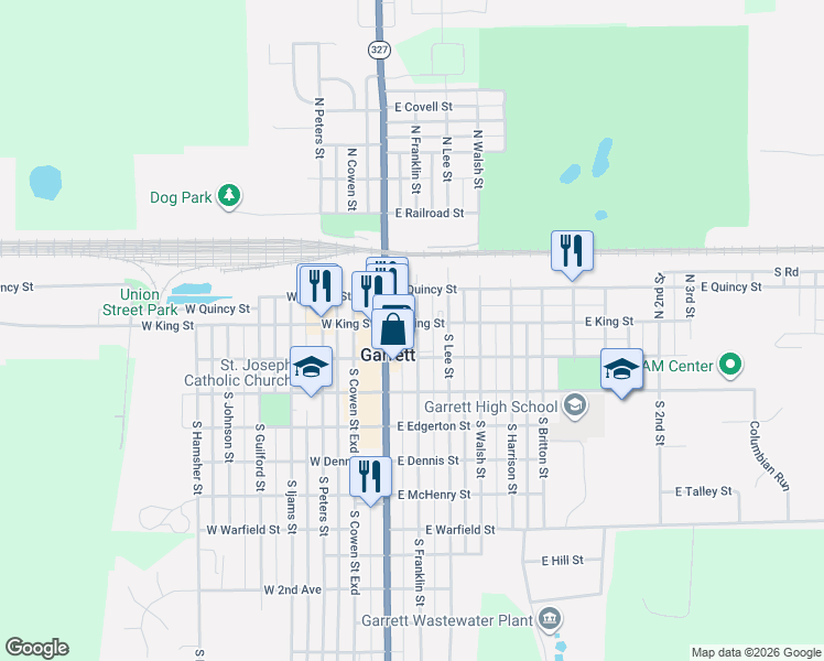 map of restaurants, bars, coffee shops, grocery stores, and more near 204 East King Street in Garrett