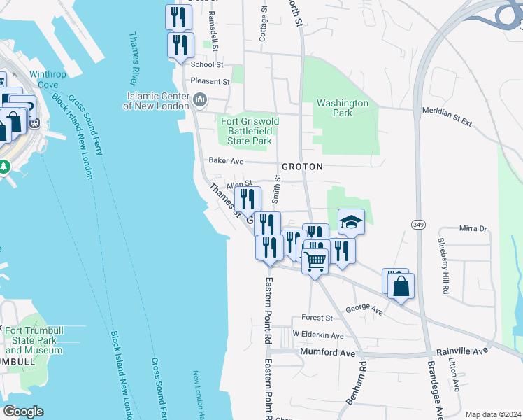 map of restaurants, bars, coffee shops, grocery stores, and more near 11 Plymouth Court in Groton