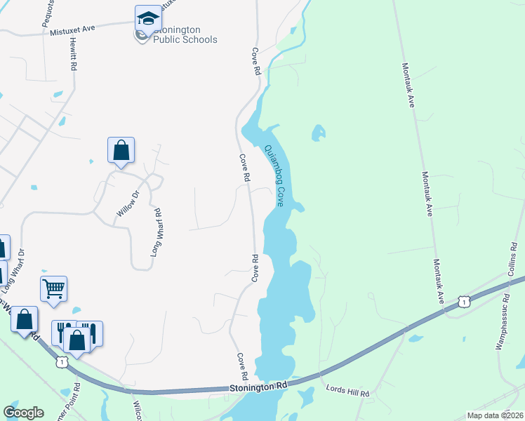 map of restaurants, bars, coffee shops, grocery stores, and more near 122 Cove Road in Stonington