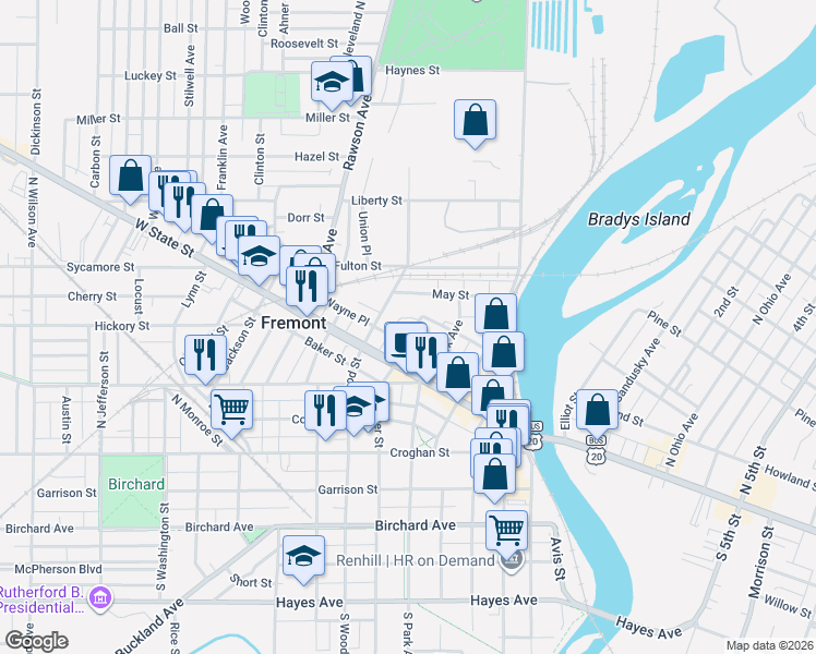 map of restaurants, bars, coffee shops, grocery stores, and more near 425 North Wood Street in Fremont
