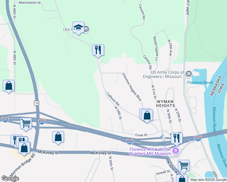map of restaurants, bars, coffee shops, grocery stores, and more near 9941 Calhoun Road in Omaha
