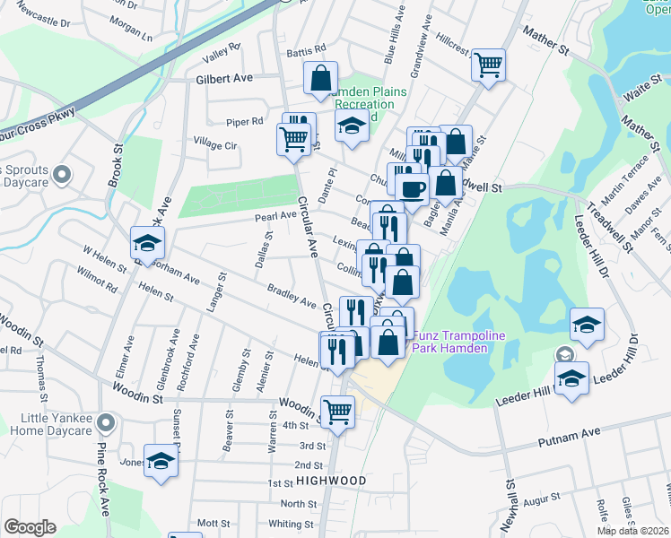 map of restaurants, bars, coffee shops, grocery stores, and more near 67 Collins Street in Hamden